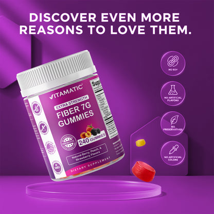 Prebiotic Fiber Gummies for Adults, 7G Extra Strength, Zero Sugar Added, 240 Pectin Based Gummies, Digestive Health & Regularity Support