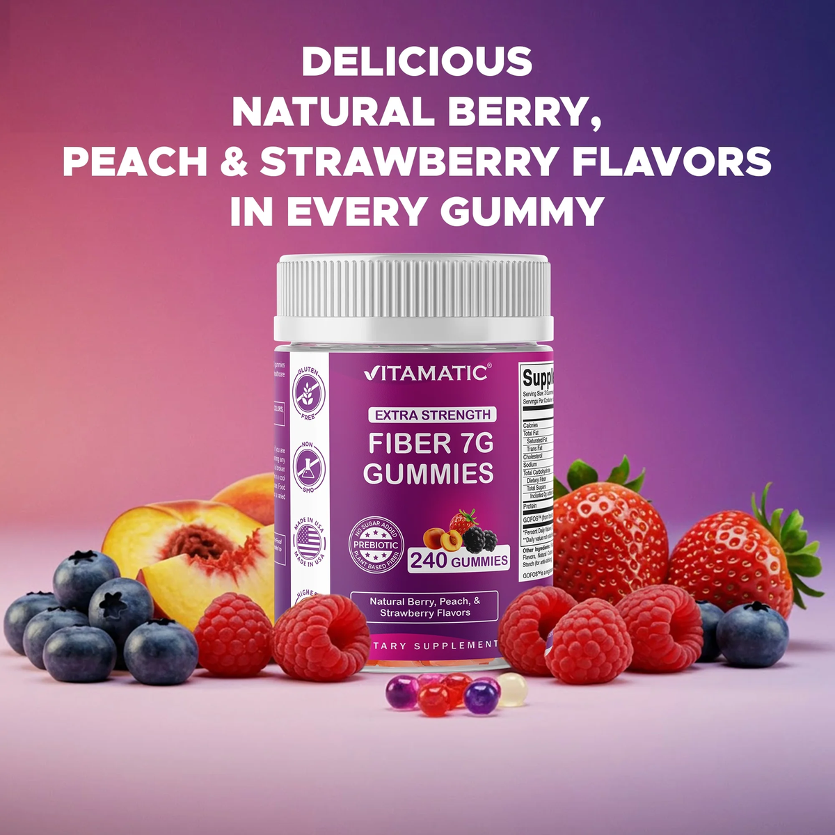 Prebiotic Fiber Gummies for Adults, 7G Extra Strength, Zero Sugar Added, 240 Pectin Based Gummies, Digestive Health & Regularity Support