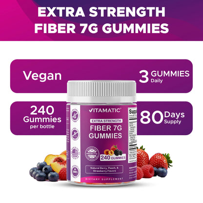Prebiotic Fiber Gummies for Adults, 7G Extra Strength, Zero Sugar Added, 240 Pectin Based Gummies, Digestive Health & Regularity Support