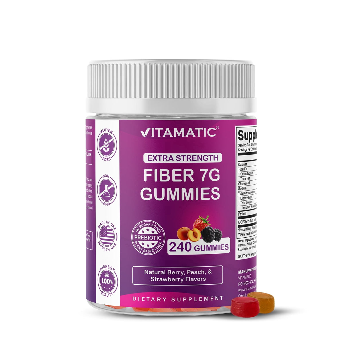 Prebiotic Fiber Gummies for Adults, 7G Extra Strength, Zero Sugar Added, 240 Pectin Based Gummies, Digestive Health & Regularity Support